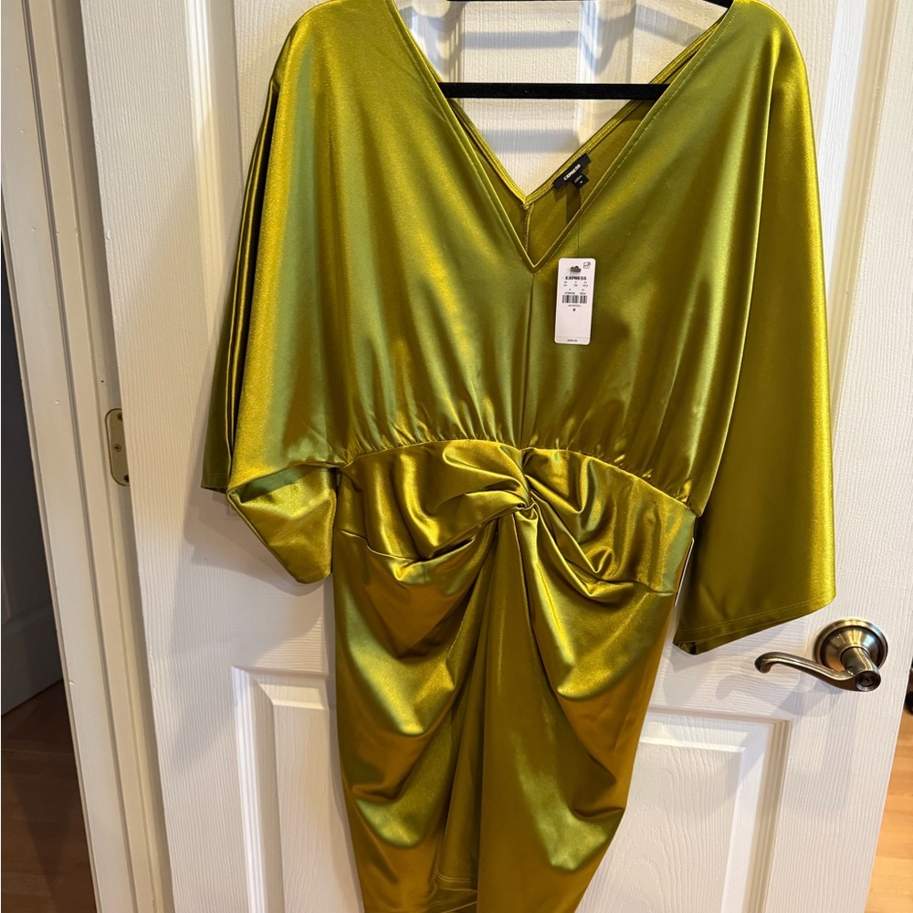 Express Olive Green Satin V-Neck Twist Dress